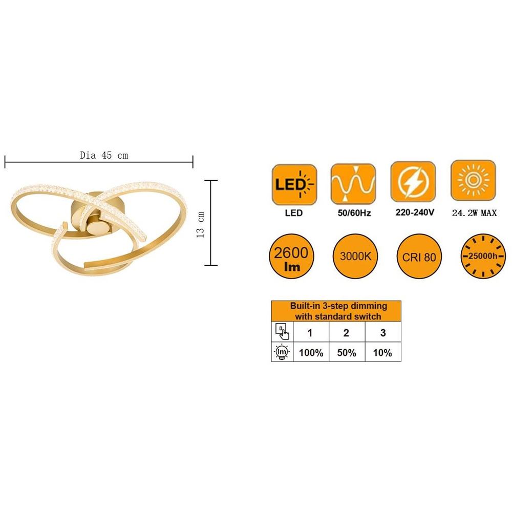 Cosylyte Moora 3 Light Gold Integrated LED Modern Curved Ceiling Light Image 8