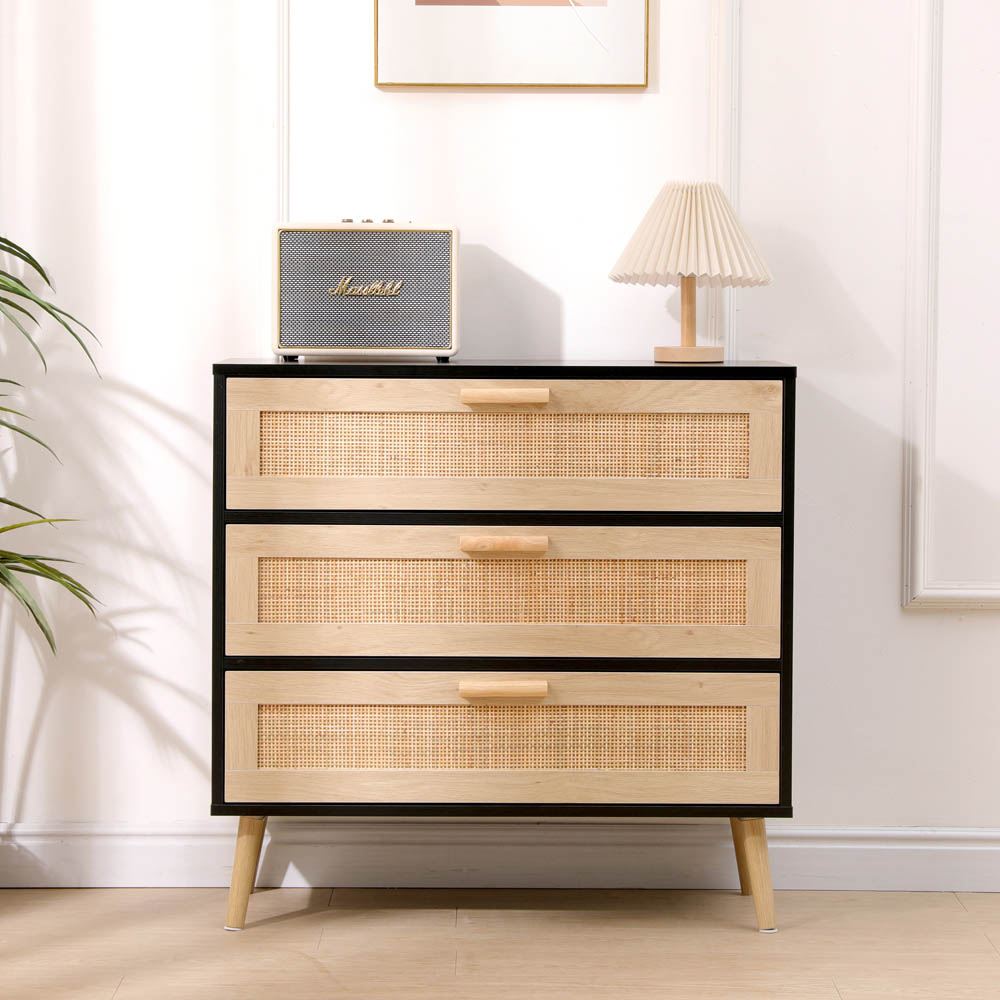 FurnitureHMD 3 Drawer Black and Natural Rattan Woven Front Wooden Chest of Drawers Image 9