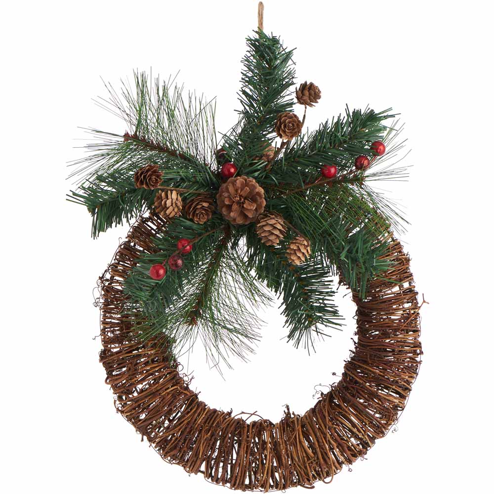 Wilko Rattan and Fir Half Christmas Wreath 40cm Image 1