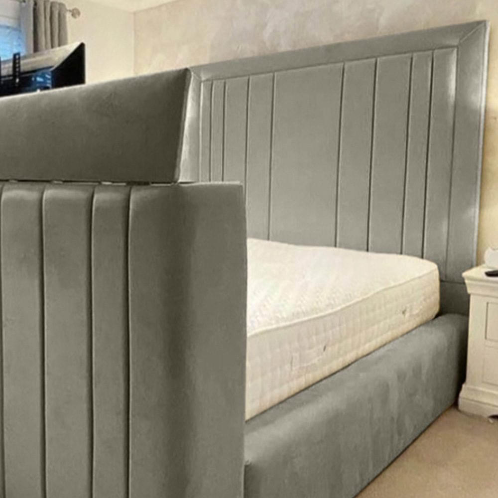 Eleganza Home Genna Super King Size Grey Plush Velvet TV Bed Frame with Lined Headboard Image 2