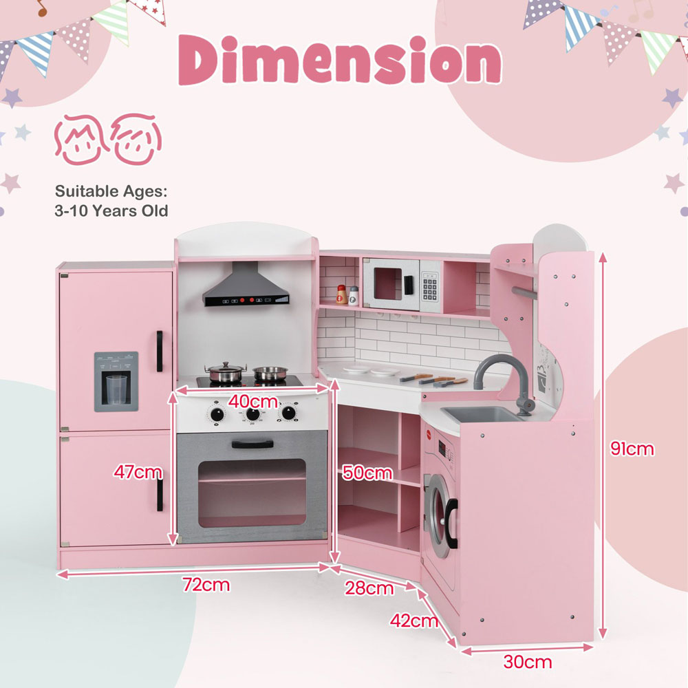 Costway Pink Wooden Corner Play Kitchen with Sounds and Lights Image 7