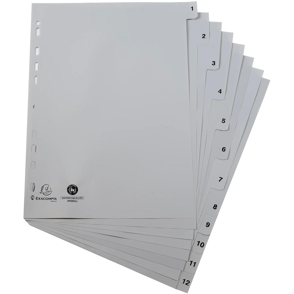 Exacompta A4 Grey Recycled Polypropylene 1-12 Divider 20 Pack Image 2