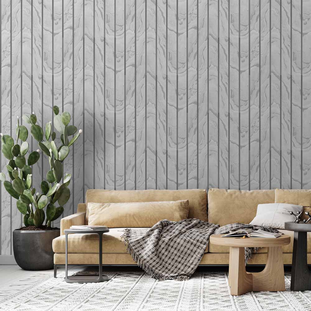 Muriva Woodgrain Panel Silver Wallpaper Image 4