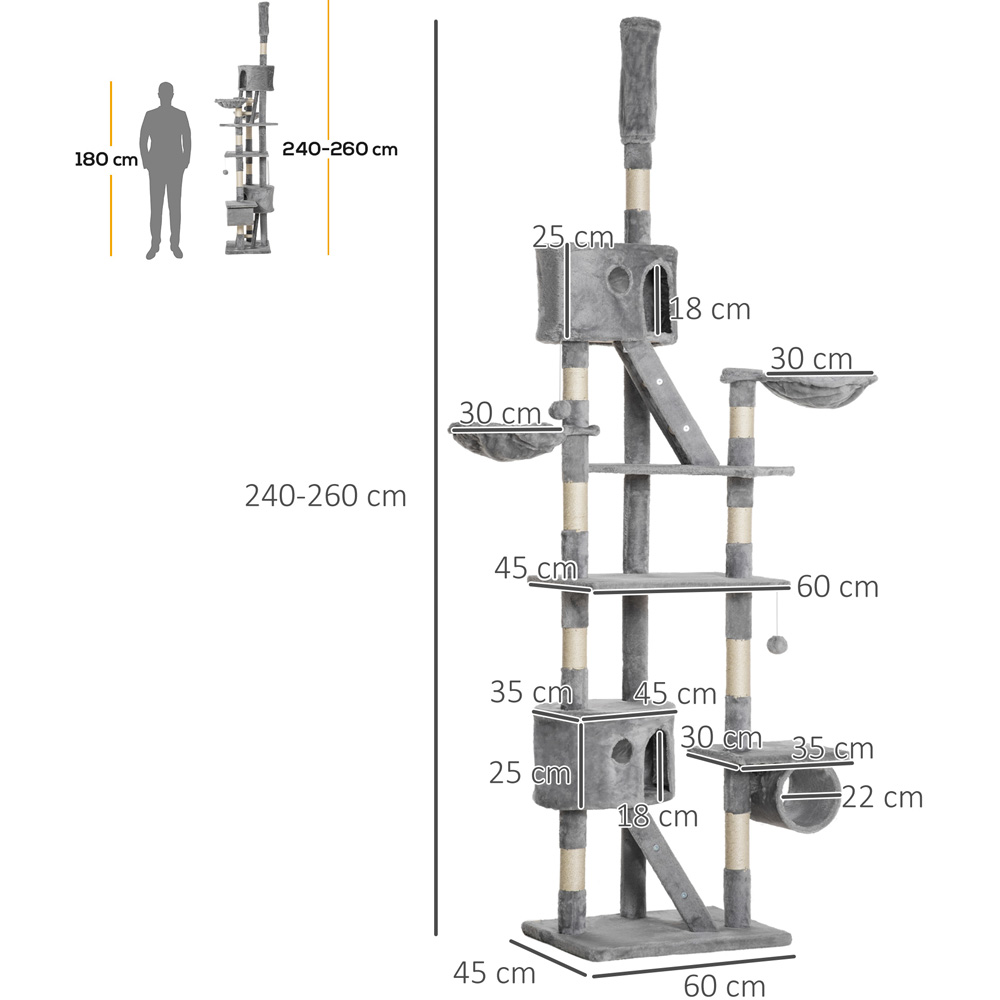 PawHut Light Grey 240-260cm Floor to Ceiling Cat Tree with Scratching Posts Image 7