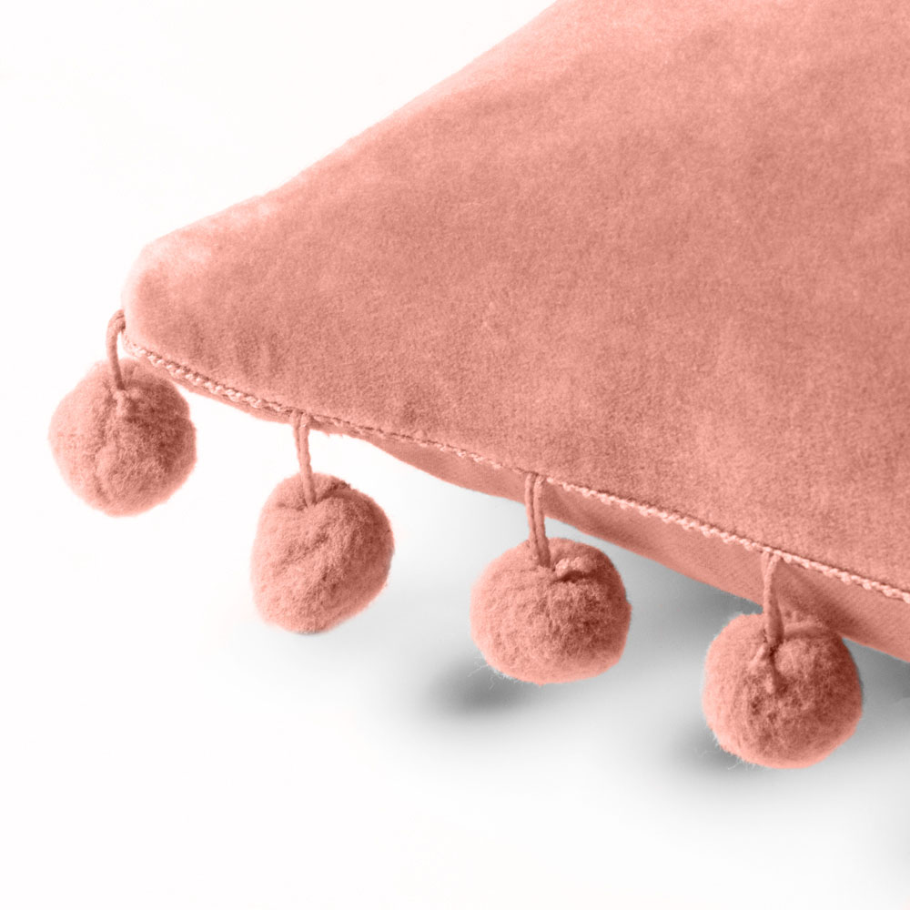 furn. Dora Square Pale Pink Velvet Pom Pom Cushion Image 4