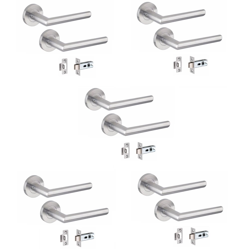 Golden Grace Mitred Satin Nickel Door Handle Pair with Tubular Latch 52mm 5 Pack Image 1