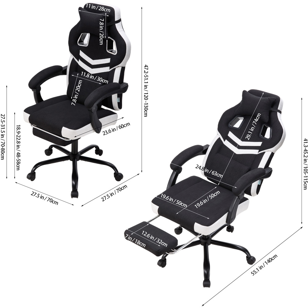 Living and Home Black and White Padded Gaming Chair with Footrest Image 9