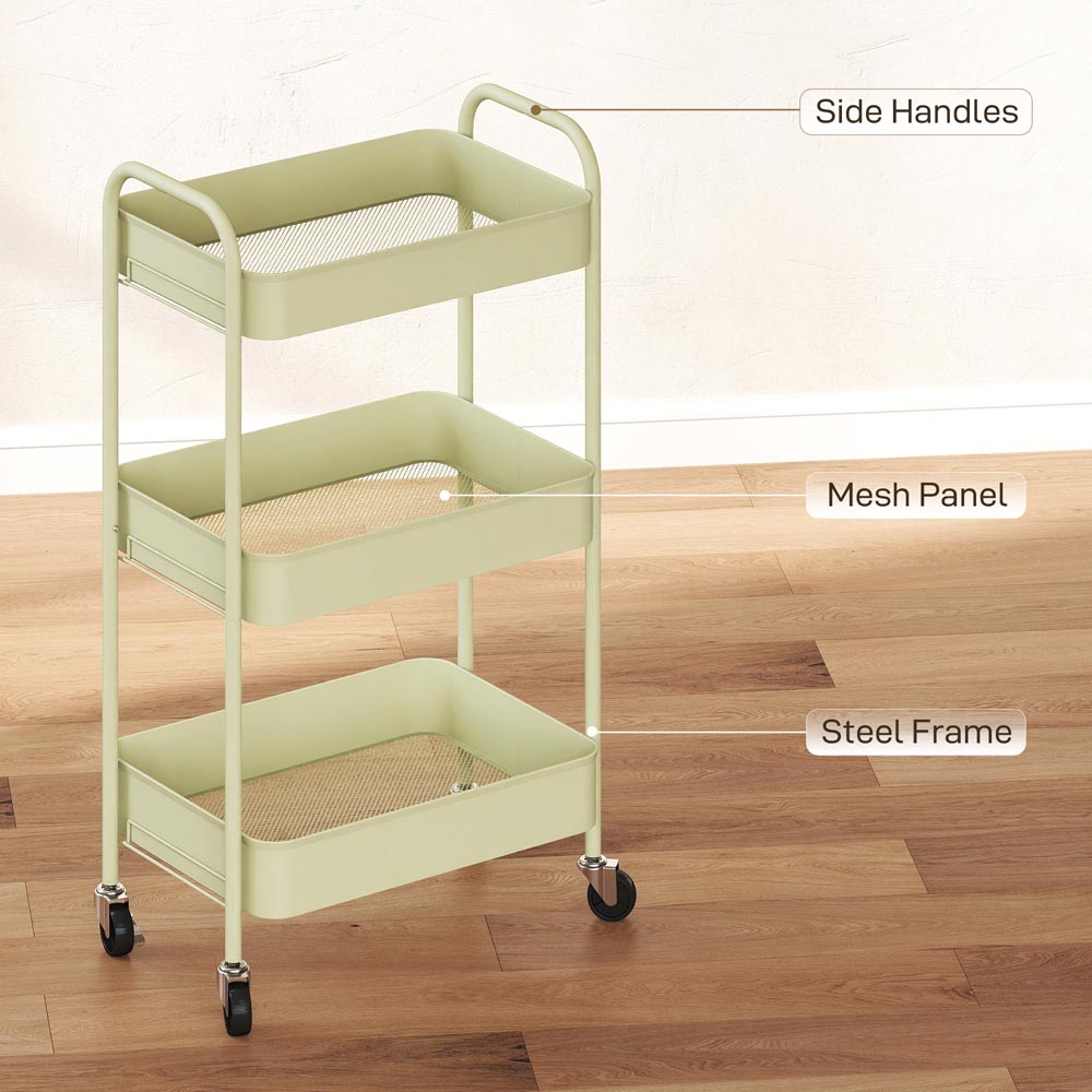 HOMCOM 3-Tier Green Mesh Basket Rolling Utility Cart Image 7