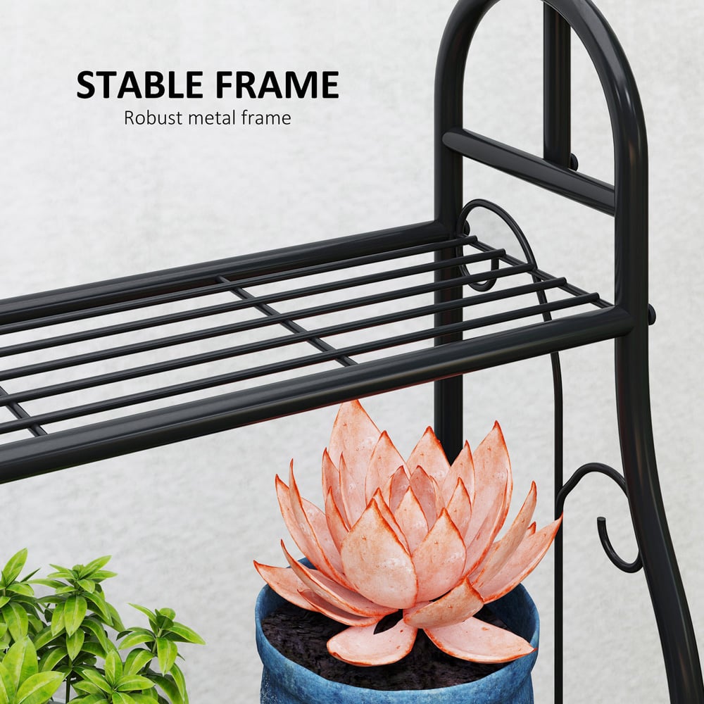 Outsunny 3 Tier Black Garden Plant Stand with Hanging Hooks Image 6