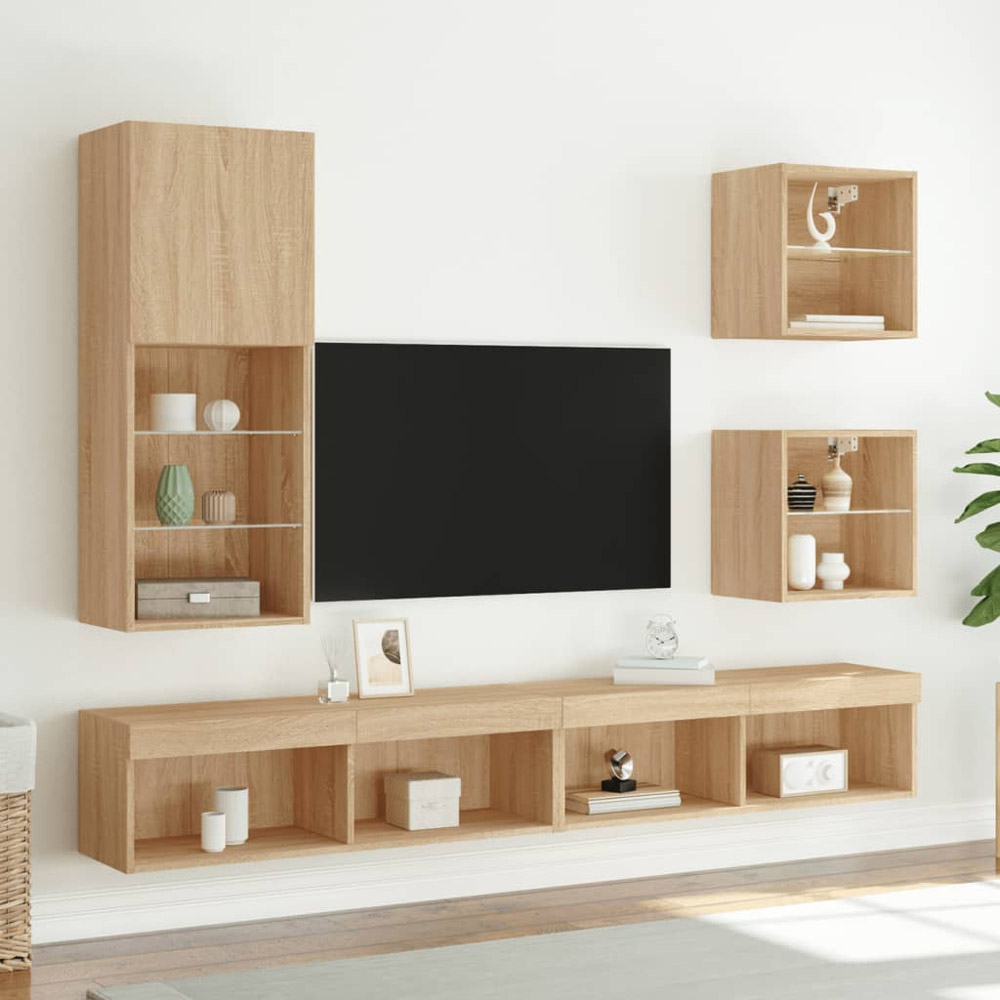 vidaXL Single Door 3 Open Shelf Sonoma Oak TV Cabinet with LED Light Image 3