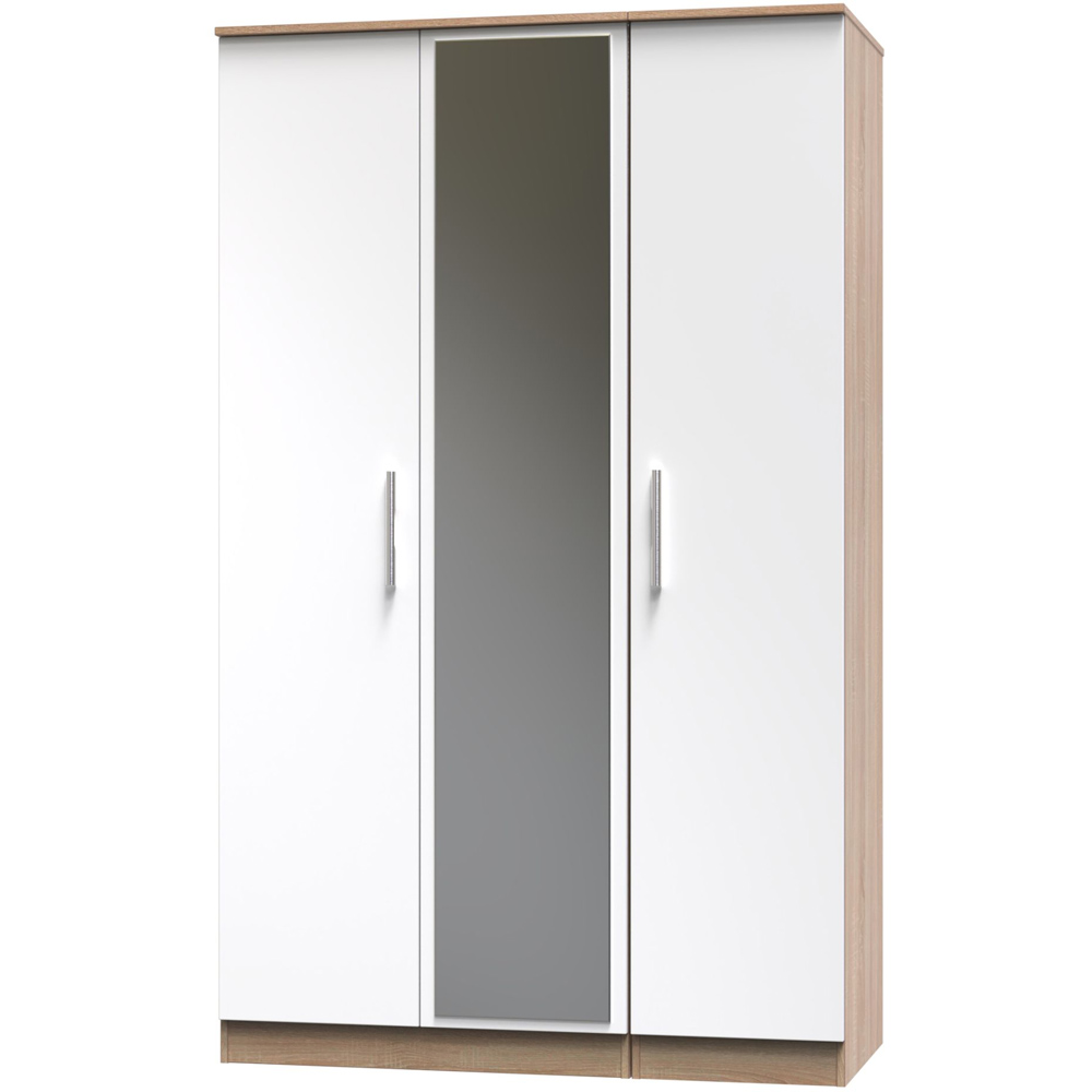 Crowndale Contrast Ready Assembled 3 Door Gloss White and Bardolino Oak Tall Mirrored Wardrobe Image 2