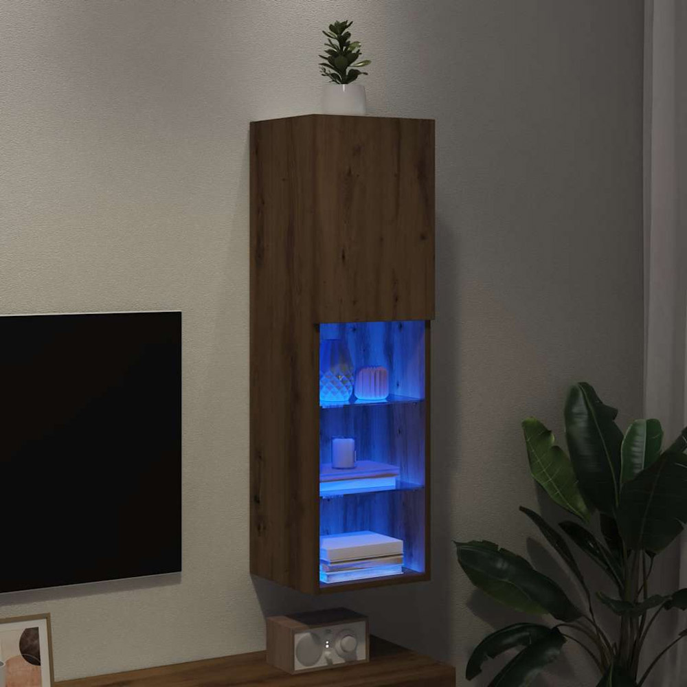 vidaXL Single Door 3 Shelf Artisan Oak Wall Mounted LED TV Cabinet Image 4