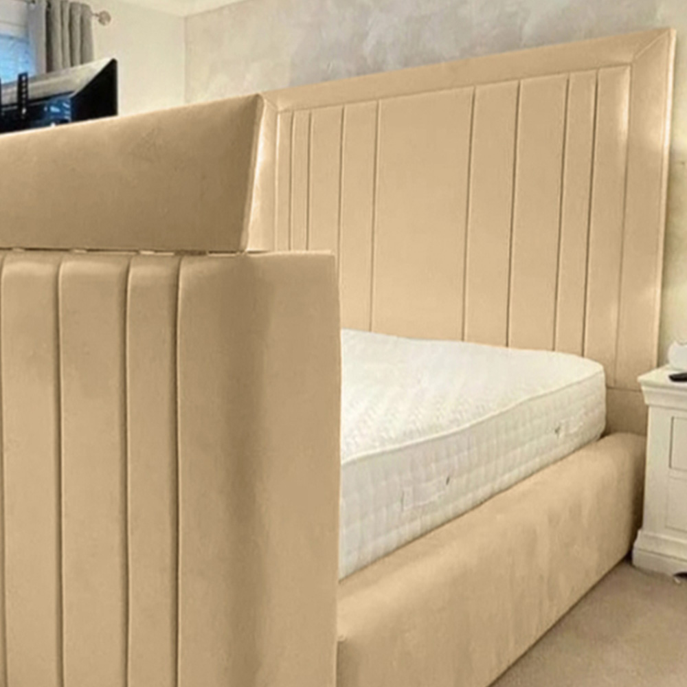 Eleganza Home Genna Super King Size Beige Plush Velvet TV Bed Frame with Lined Headboard Image 2