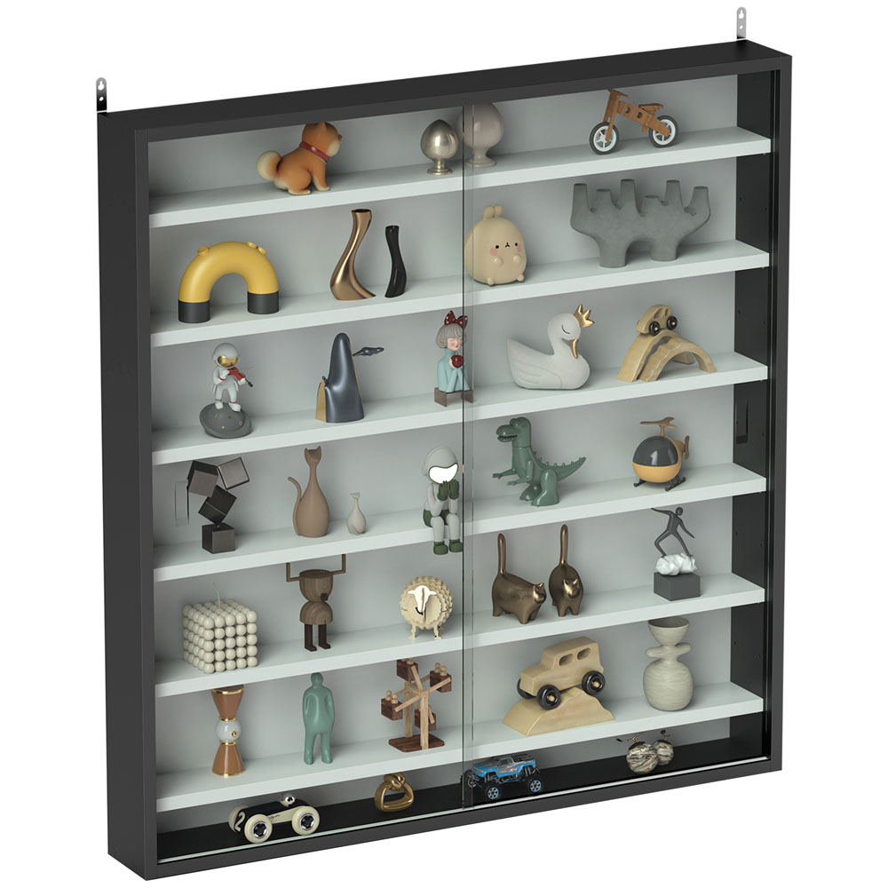 HOMCOM 7-Tier Glass Doors Black and White Wall Display Cabinet Image 2
