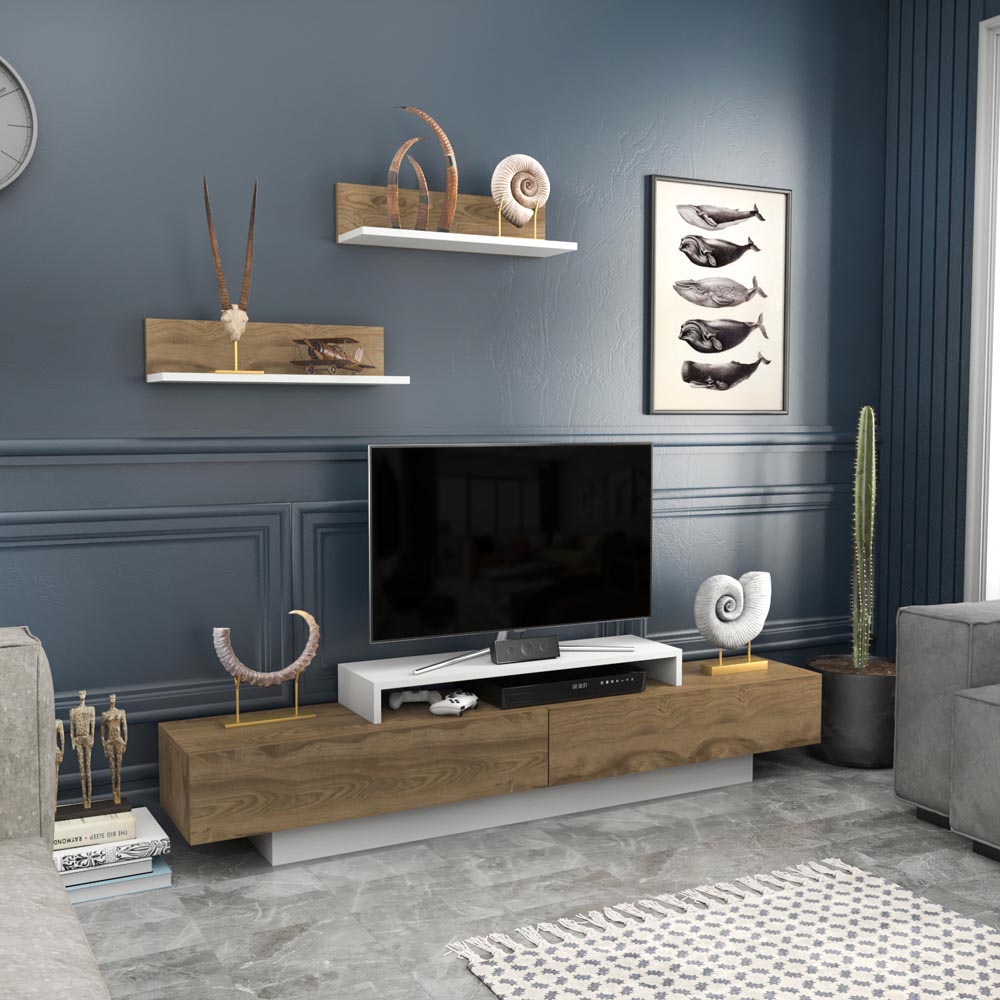 Decorotika Lusi 2 Door Single Shelf White and Oud TV Unit with 2 Wall Shelf Image 3