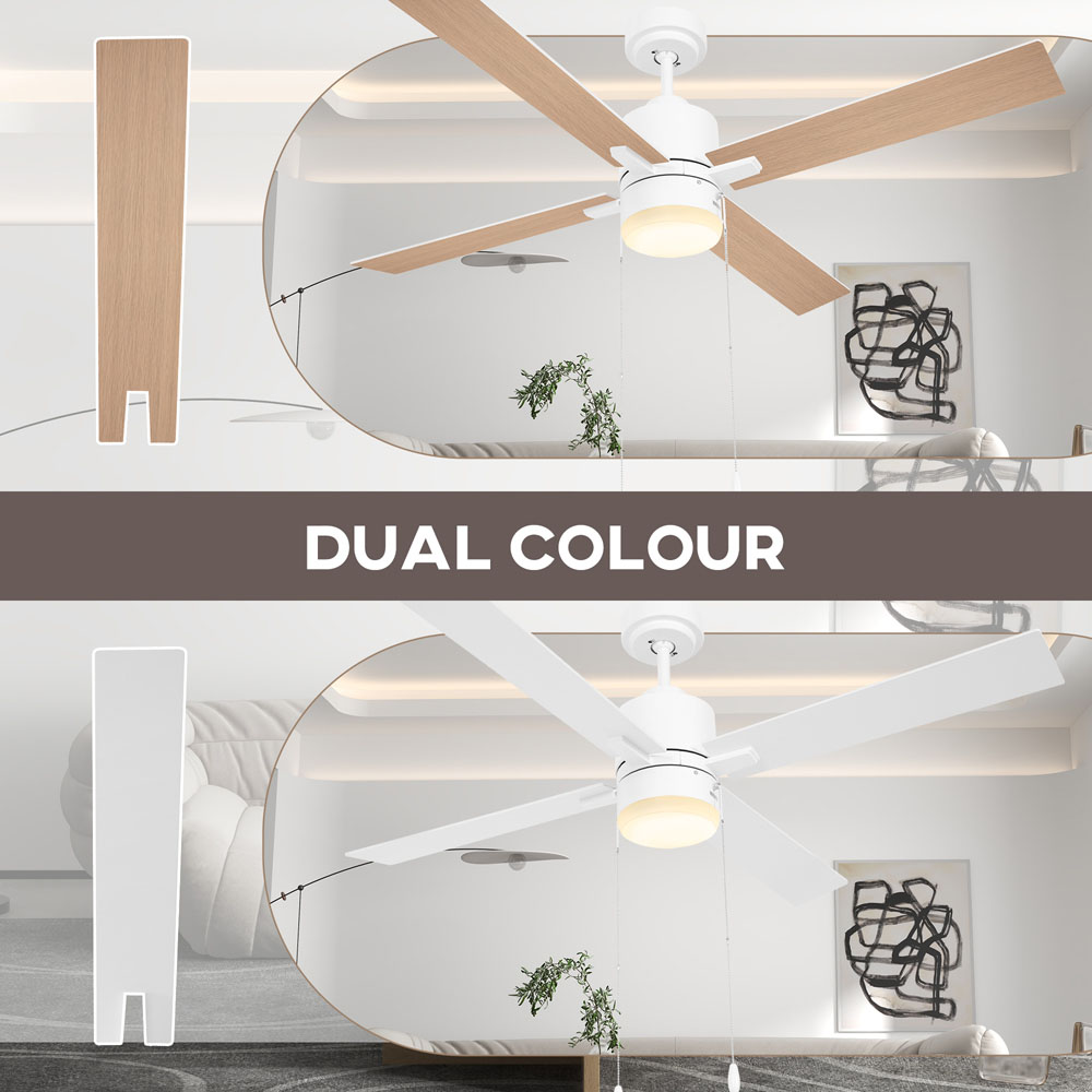 HOMCOM White and Natural Reversible Ceiling Fan with Light and Pull Chain Image 3