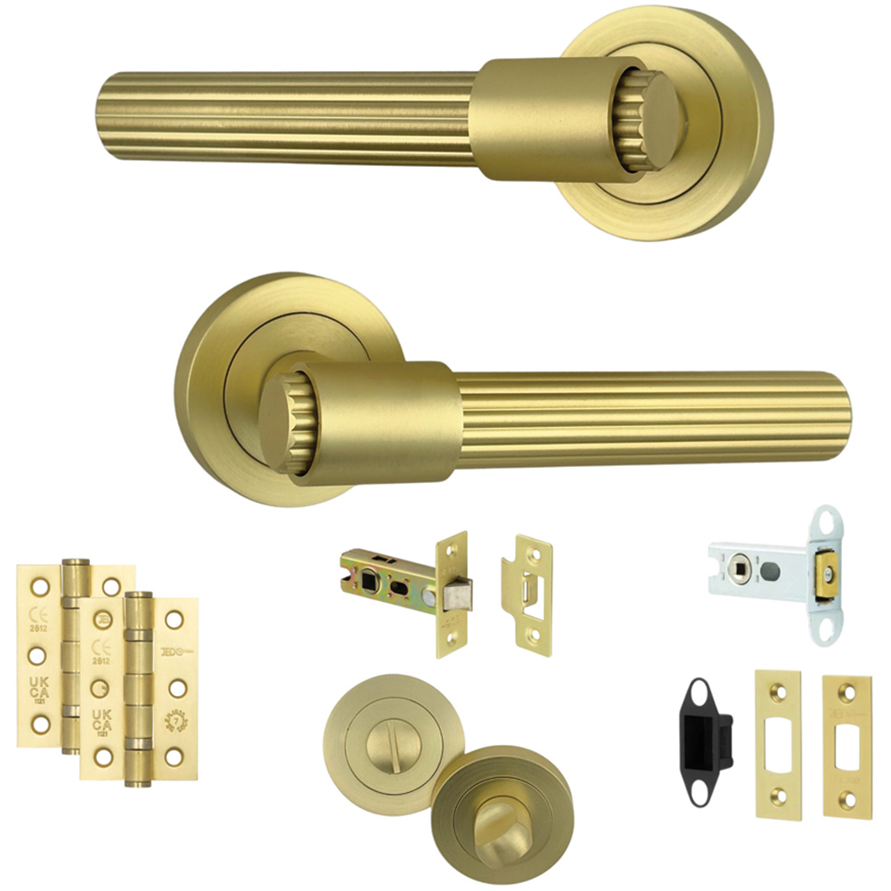 AXS Hardware Nevada Satin Brass Bathroom Door Handles on Rose 4 Pack Image 1