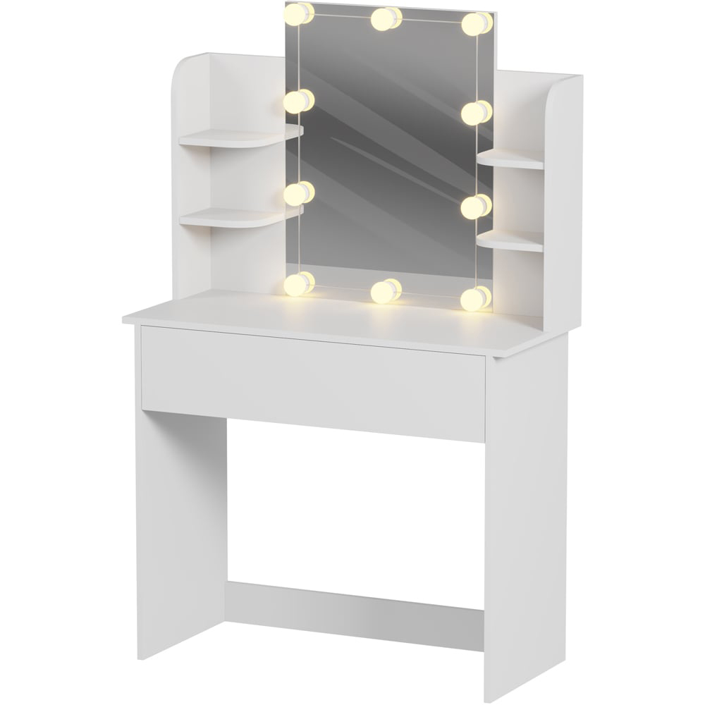FurnitureHMD Single Drawer 4 Shelf White Wooden Dressing Table with LED Mirror Image 2