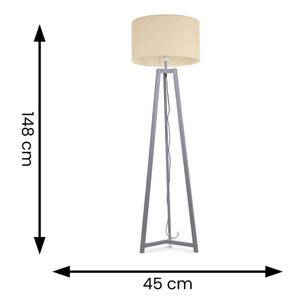ValueLights Lottie Natural Fabric Drum Shade Grey Wood Tripod LED Floor Lamp Image 4