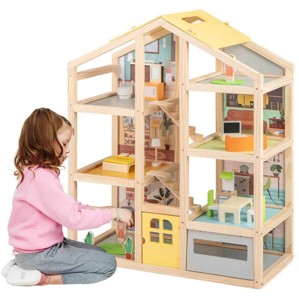 Costway Kids Yellow 18 Piece Wooden Dollhouse with 7 Rooms and Accessories Image 3