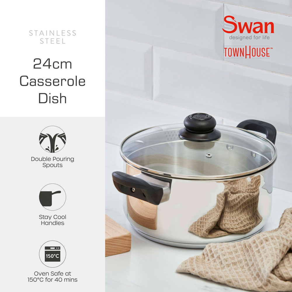 Swan Townhouse 24cm Stainless Steel Casserole Dish with Lid Image 2
