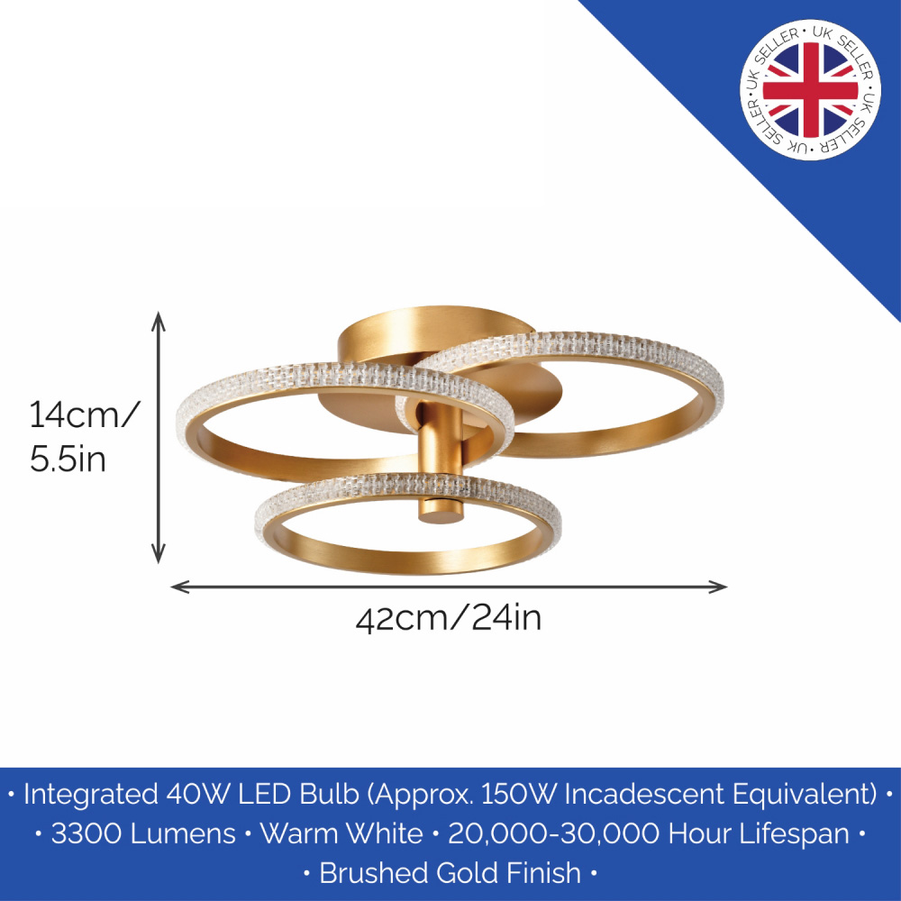 Happy Homewares Brushed Gold LED Ceiling Light with Crystal Effect Acrylic Image 6