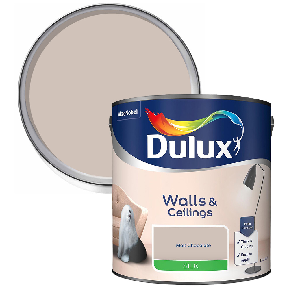 Dulux Walls and Ceilings Malt Chocolate Silk Emulsion Paint 2.5L Image 1