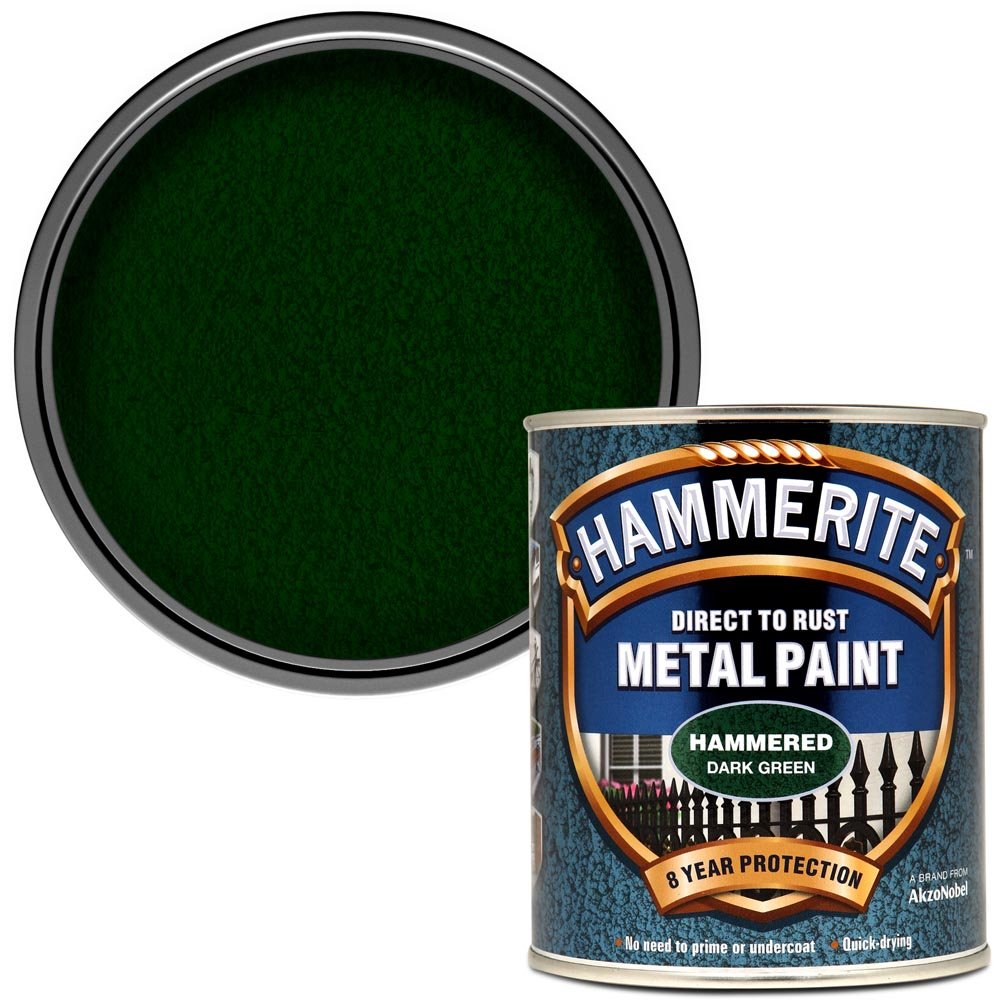 Hammerite Hammered Dark Green Direct to Rust Metal Exterior Paint 750ml  - wilko Hammerite Direct to Rust Metal Paint is specially formulated to perform as a primer, undercoat and topcoat. Should be applied directly  to  rust and will  stop it from recurring. Solvent based paint. WARNINGS; Flammable; Harmful to aquatic organisms. Keep out of reach  children. Always  read label.  Coverage up to 5square metre. Hammerite Hammered Dark Green Direct to Rust Metal Exterior Paint 750ml