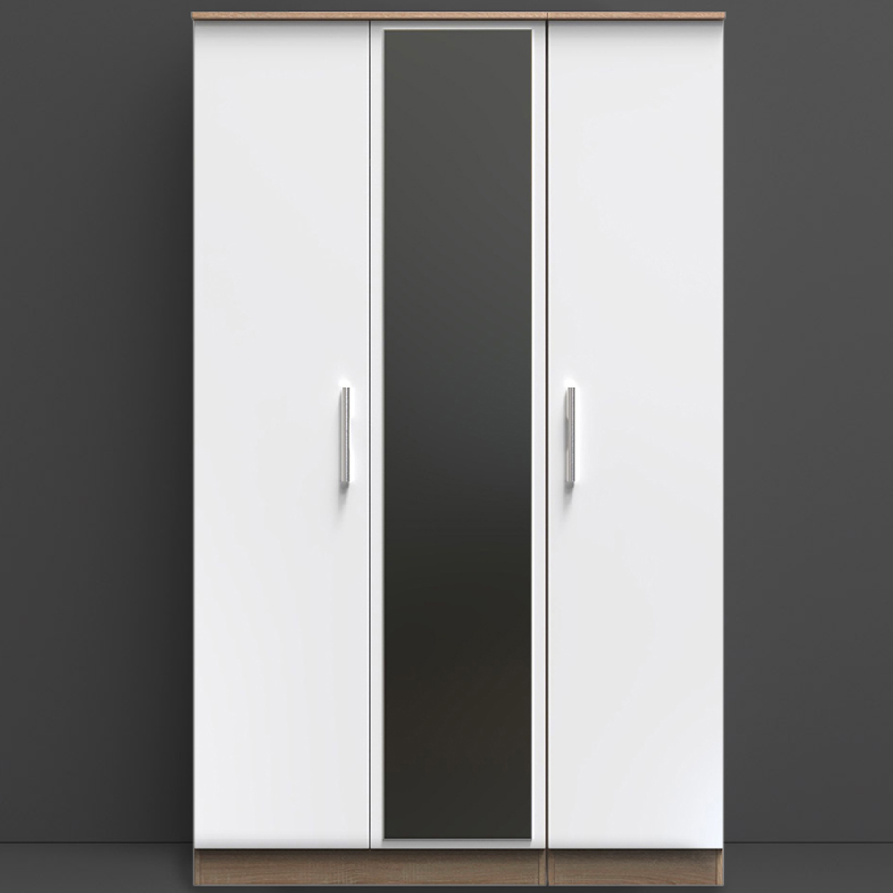 Crowndale Contrast Ready Assembled 3 Door Gloss White and Bardolino Oak Tall Mirrored Wardrobe Image 1