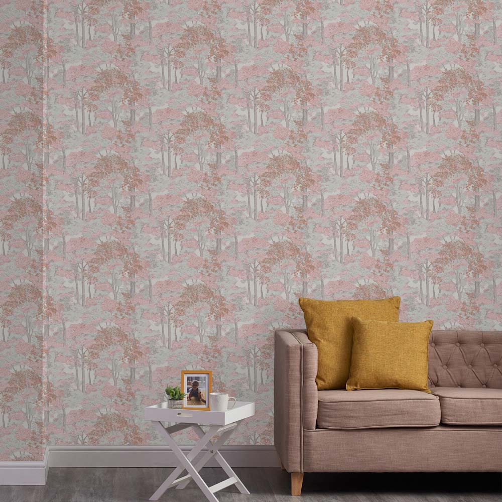 wilko Easy Tranquil Woodland Pink Wallpaper Wilko