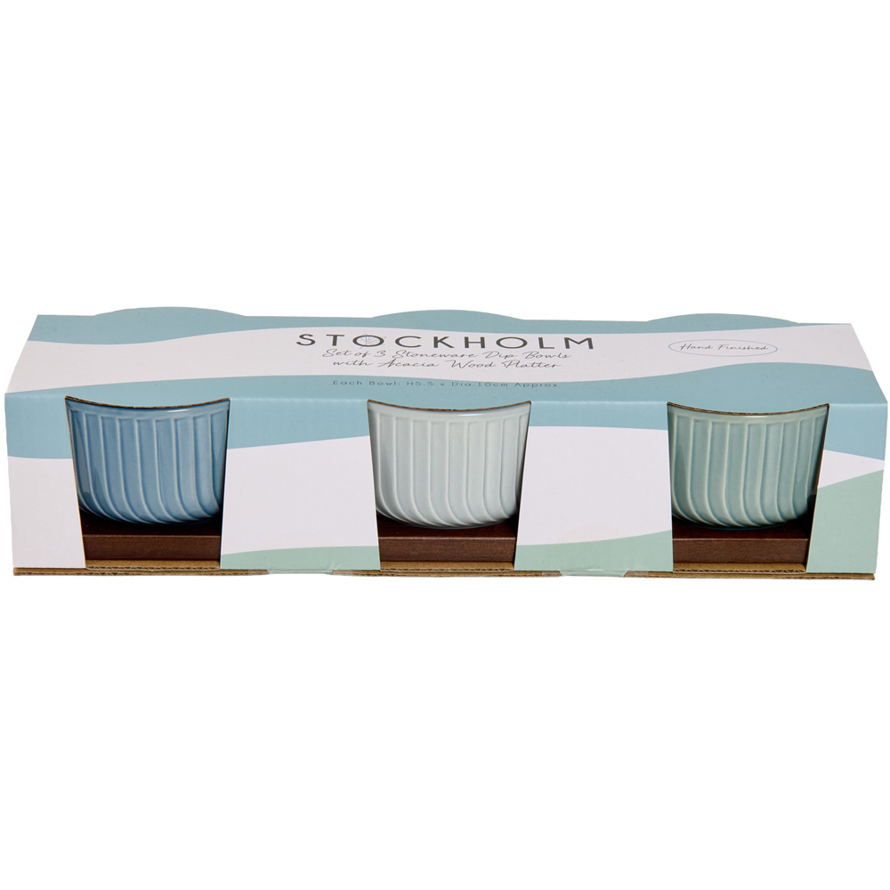 Set of 3 Stockholm Stoneware Dip Bowls with Acacia Platter Image 3