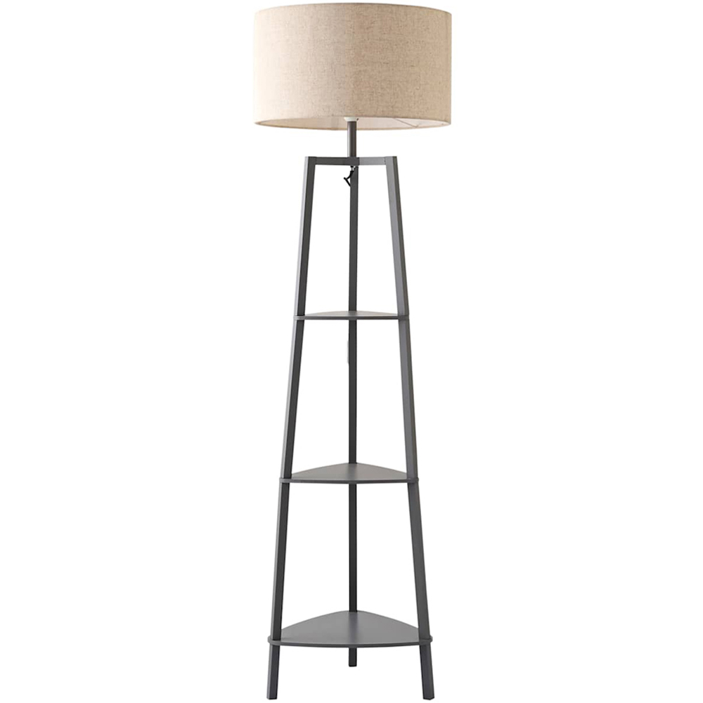ValueLights Hiru 3 Shelf Linen Drum Shade Grey Wooden Floor Lamp with Bulb Image 1