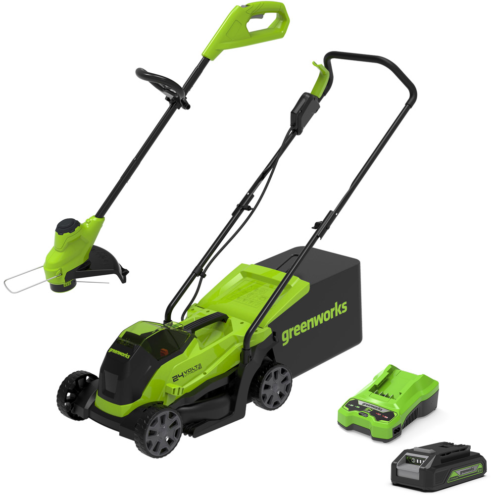 Greenworks 24V 25cm Cordless Brushless Lawn Mower Plus 24V 25cm Line Trimmer Image 1