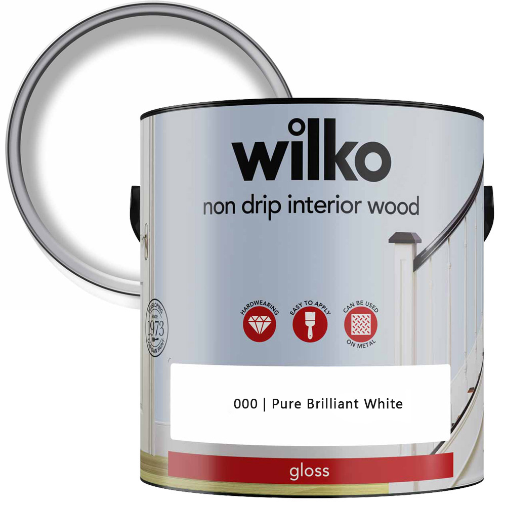 Wilko Non Drip Pure Brilliant White Gloss Wood Paint 2.5L Image 1
