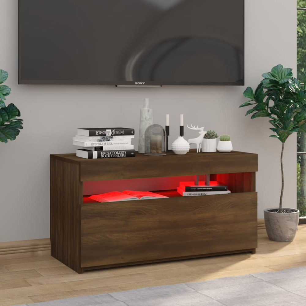 vidaXL Single Flap Door Single Open Shelf Brown Oak TV Cabinet with LED Light Image 3