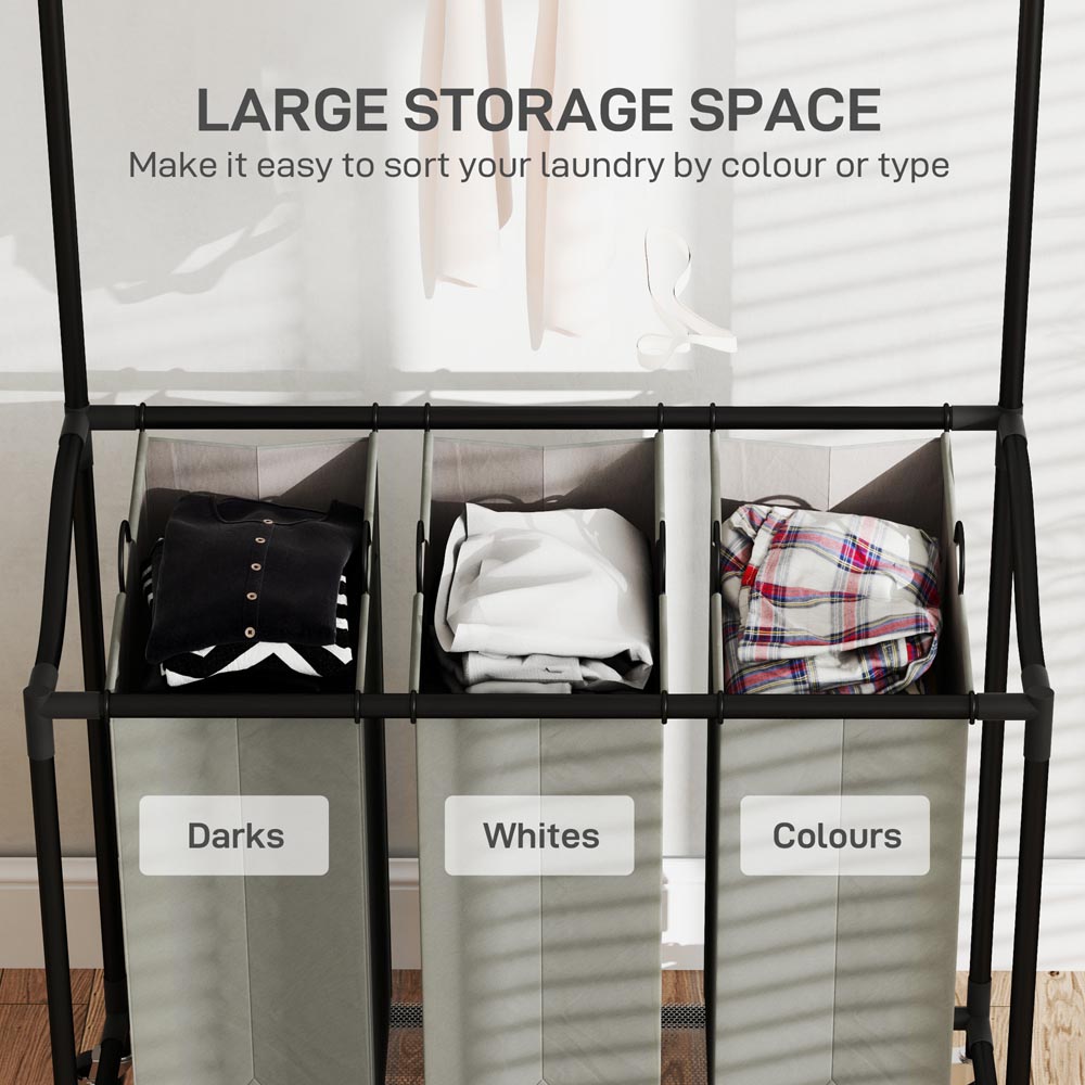 HOMCOM Dark Grey 3 Compartment Laundry Organiser 126L Image 5