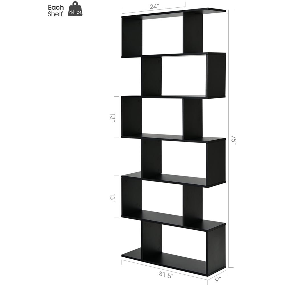 Costway 6 Shelf Black S Shaped Wooden Industrial Bookshelf Image 9