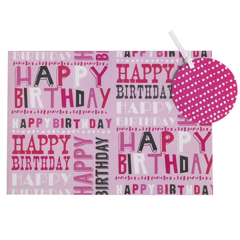 Wilko Pink Happy Birthday Gift Wrap 2 Sheets and 2  Tags Image
