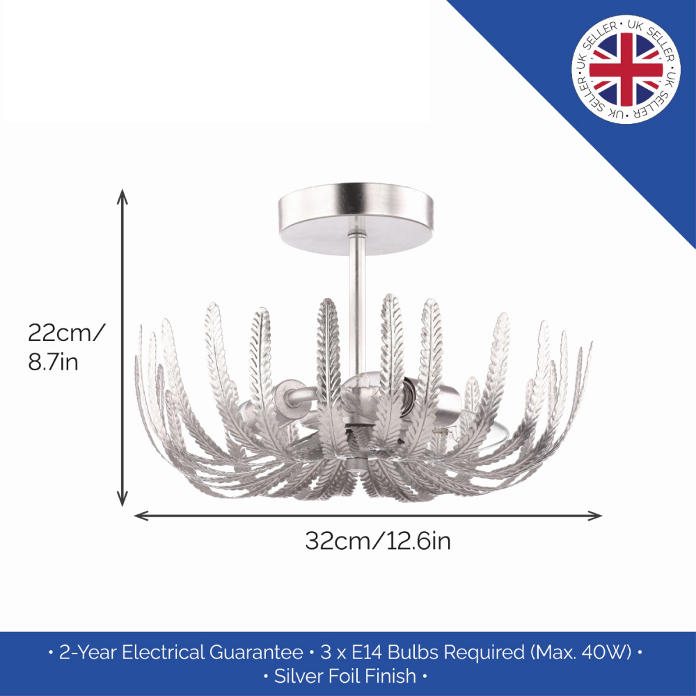 Happy Homewares Silver Foil Semi Flush Ceiling Light with Fern Stems Image 8