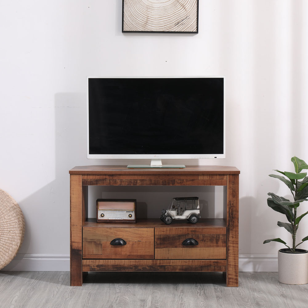 FurnitureHMD 2 Drawer Single Shelf Industrial Style Wooden Corner TV Unit Image 8