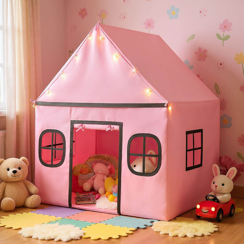 Costway Kids Pink Large Indoor Play Tent with Star Lights Image 2