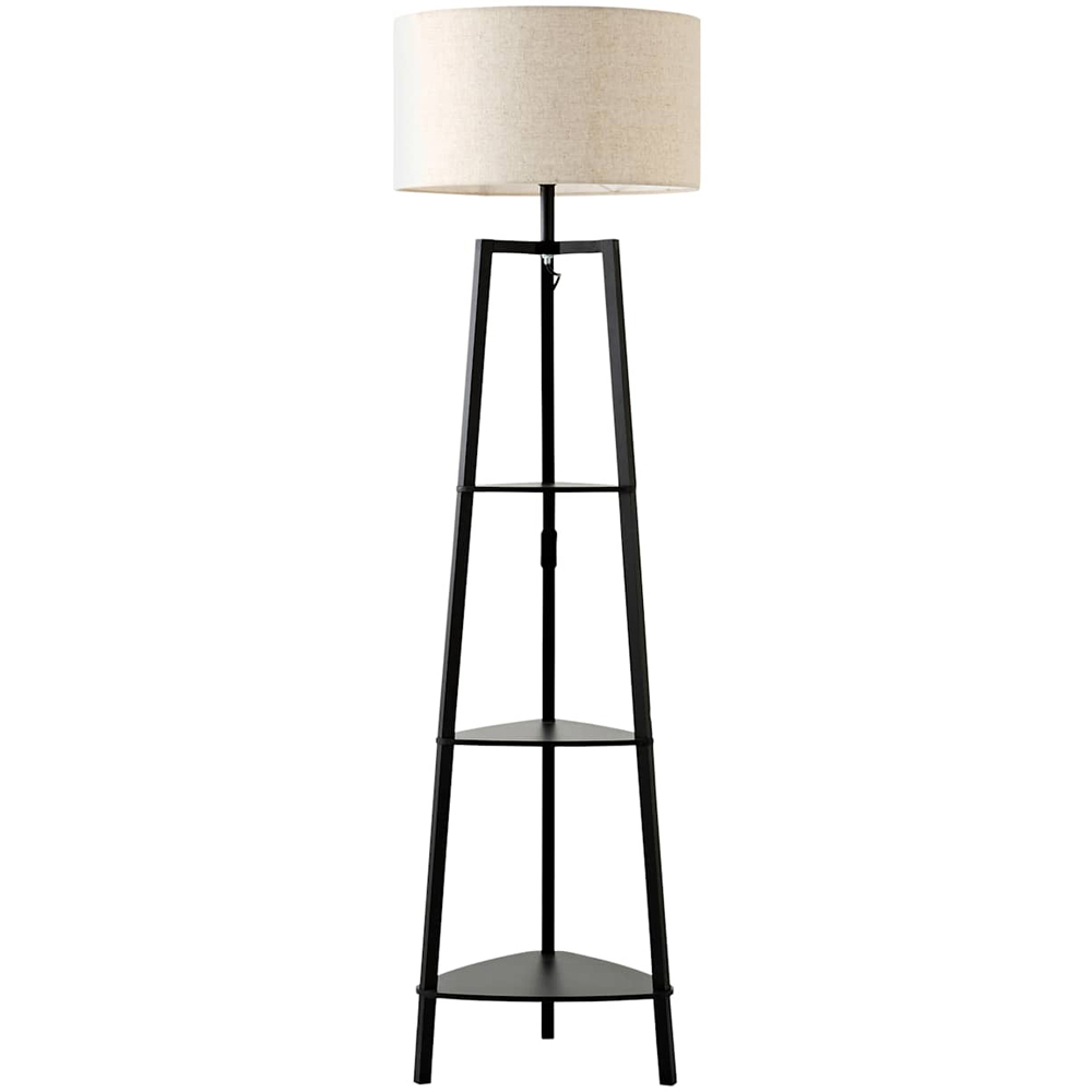 ValueLights Hiru 3 Shelf Linen Drum Shade Black Wooden Floor Lamp with Bulb Image 1