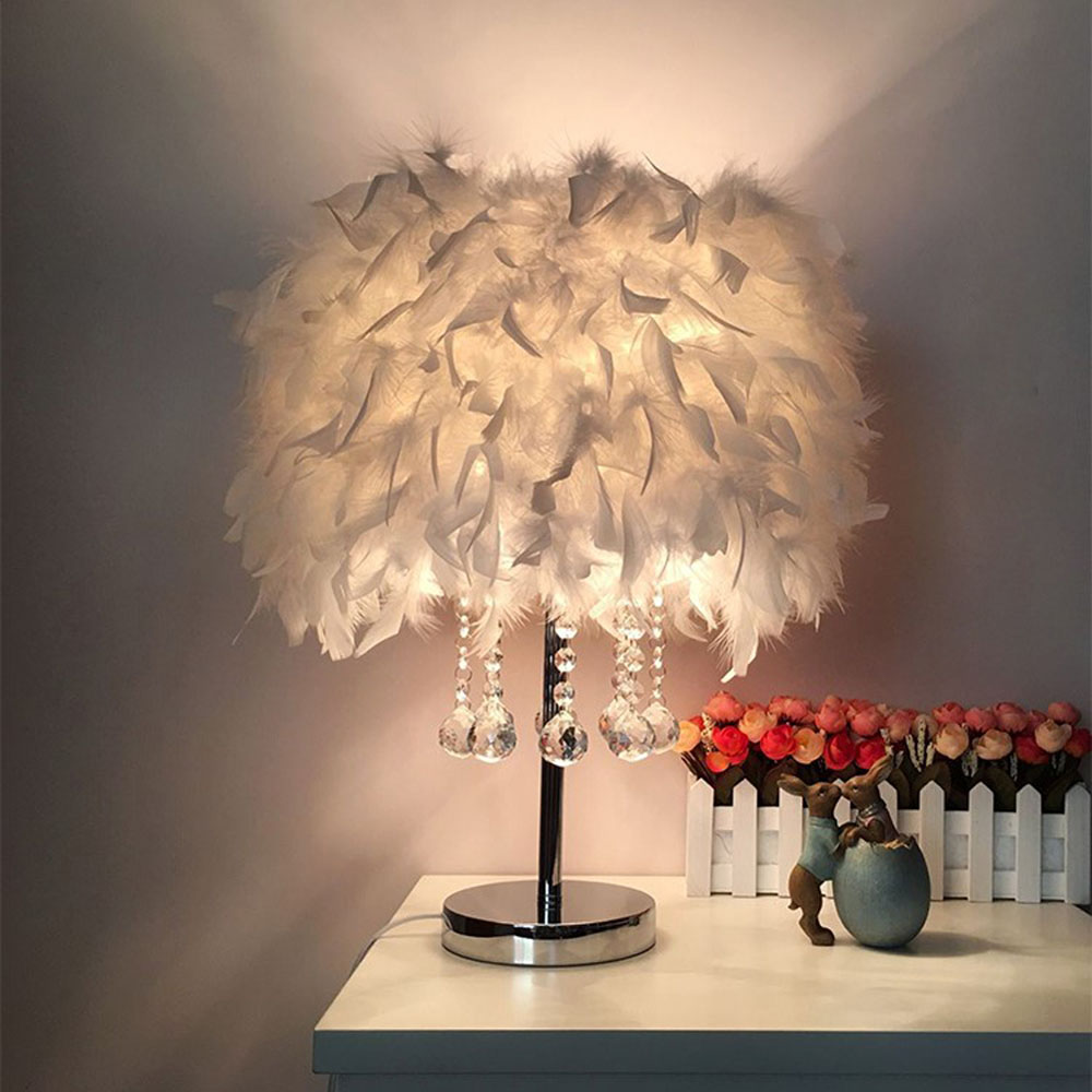 Living and Home LED Table Lamp with Transparent Crystals Feather Lampshade Image 3