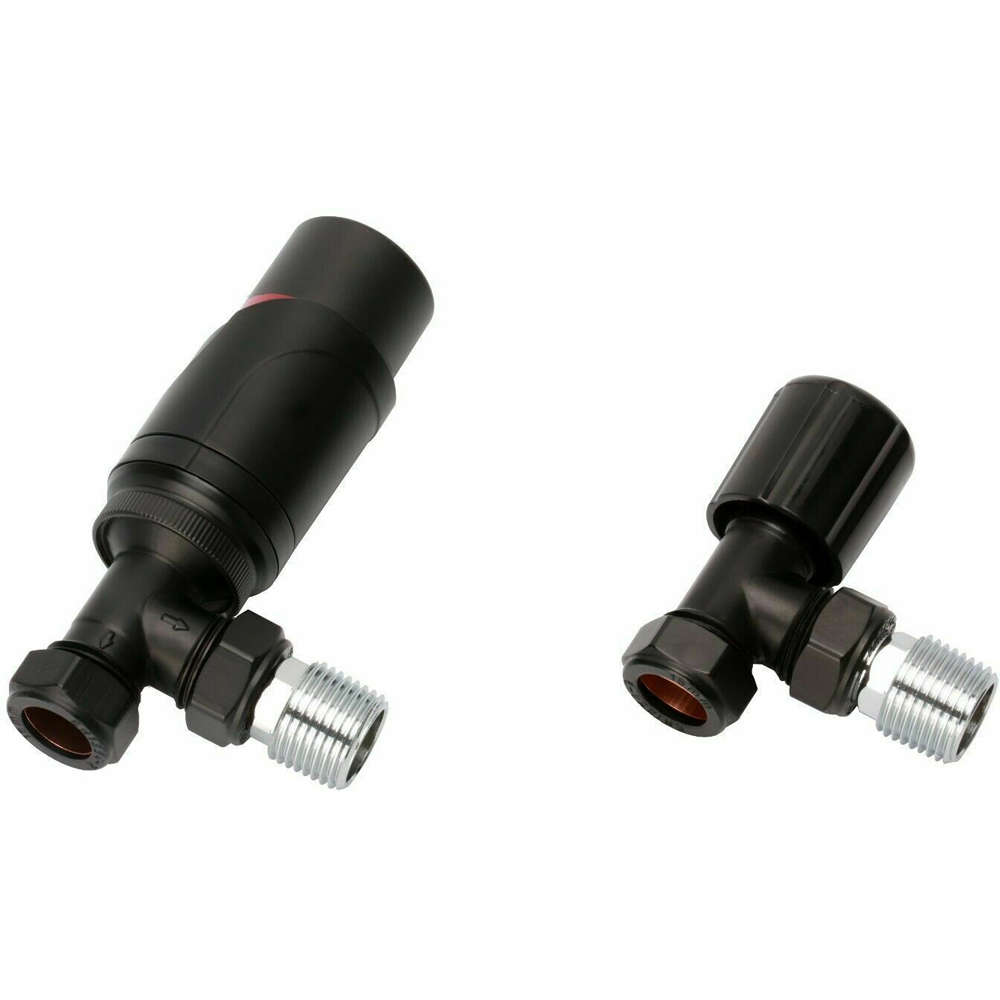 Black Angled Thermostatic Radiator Valve and Lockshield Set Image 1