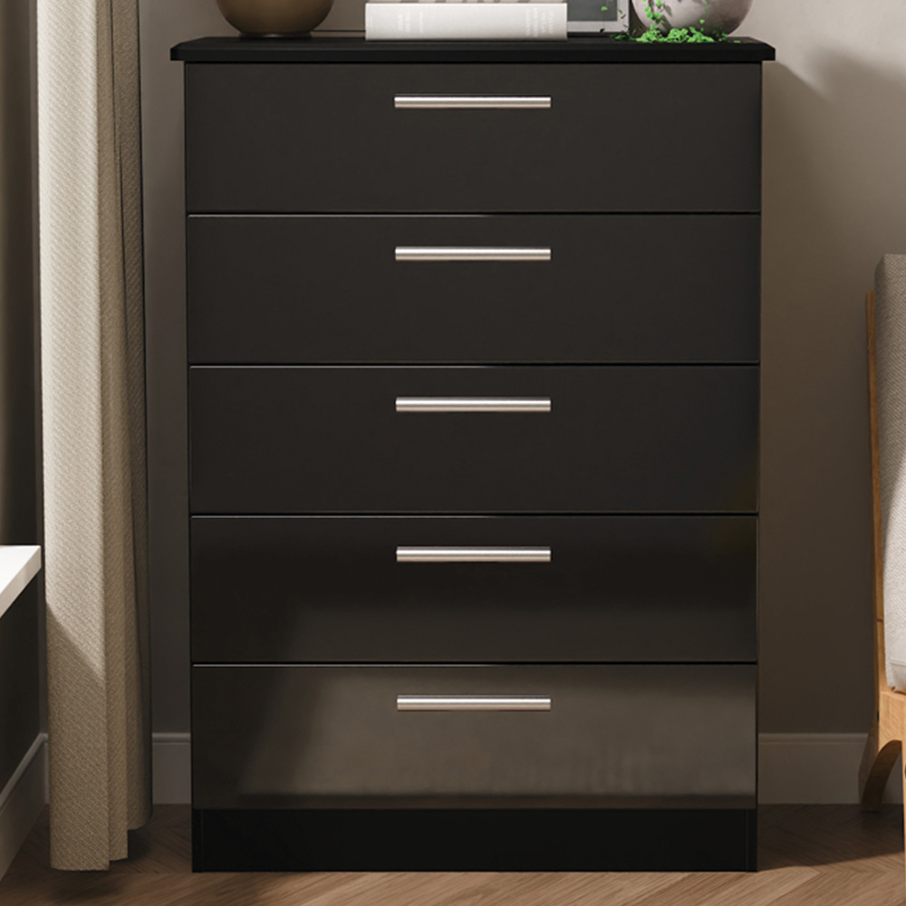 Crowndale Knightsbridge 5 Drawer Black Gloss and Black Chest of Drawers Ready Assembled Image 1