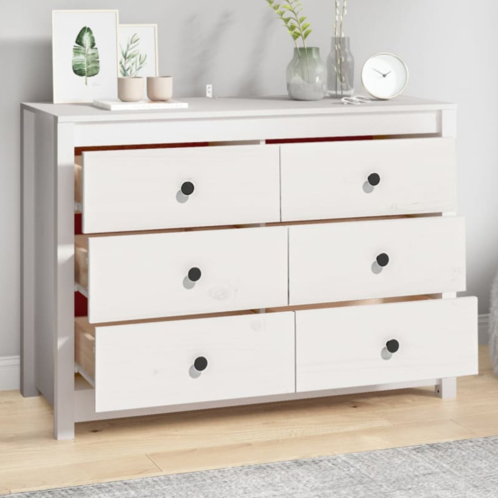 vidaXL 6 Drawer White Solid Pine Wood Sideboard Image 1