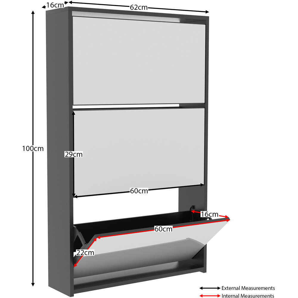 Home Vida Welham Black 3-Drawer Mirrored Shoe Cabinet Rack Image 8