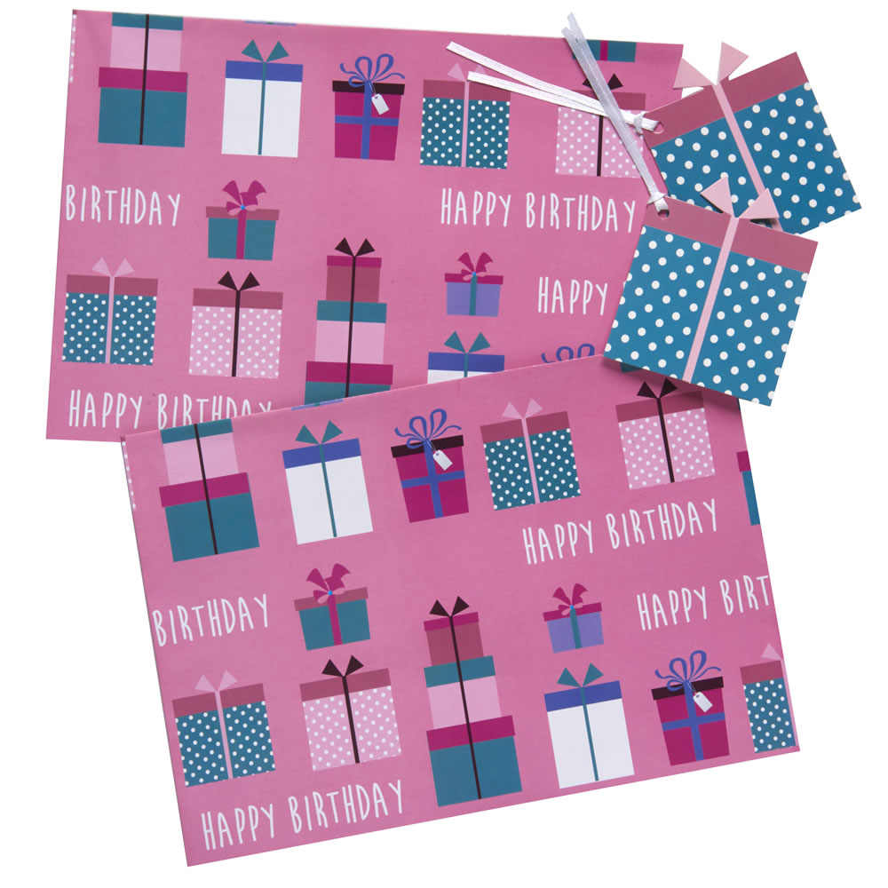 Wilko Birthday Parcels Gift Wrap 2 Sheets and 2 Tags Image