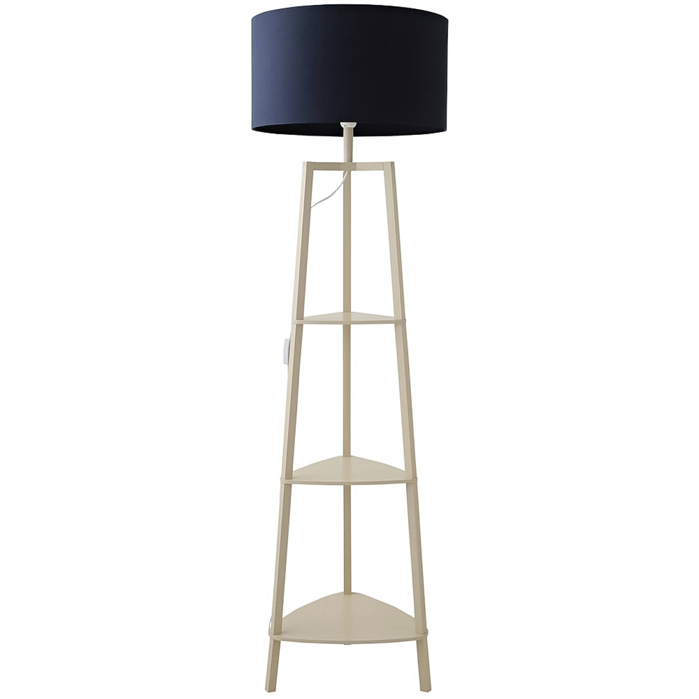 ValueLights Hiru Navy Drum Shade Cream 3-Tier Shelf Floor Lamp with Bulb Image 1