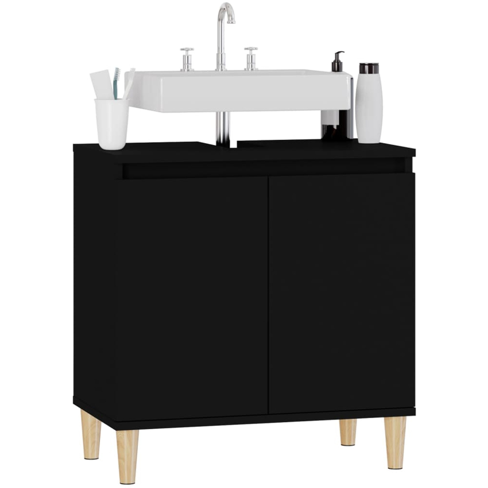 vidaXL 2 Door Black Bathroom Sink Cabinet with Wooden Feet Image 5